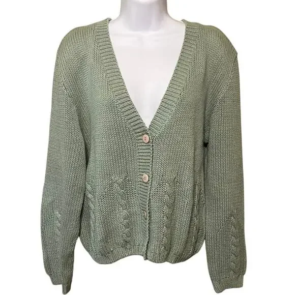 Vtg Ramie Cotton Blend Heavy Cable Knit Cardigan Sz M Preppy Classic Cottage 90s - Picture 1 of 6